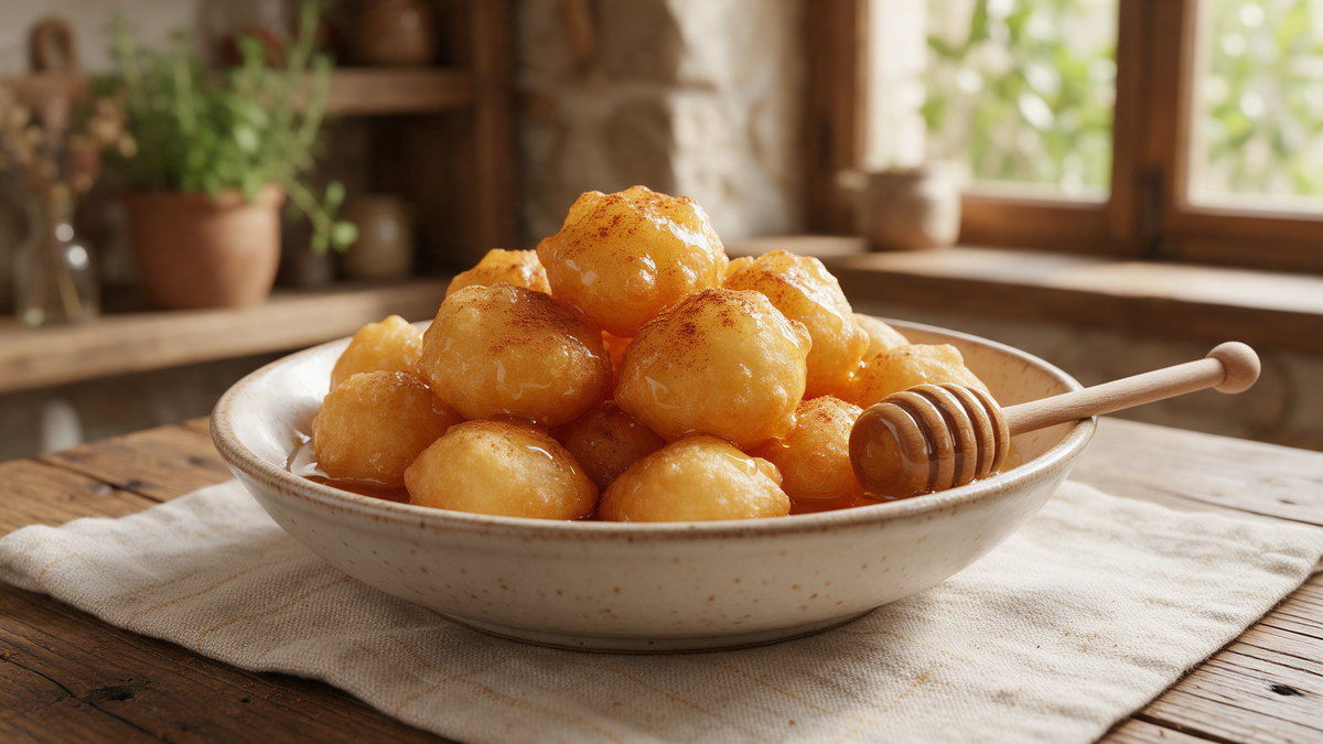 Golden Greek loukoumades in a rustic bowl drizzled with thyme honey and cinnamon