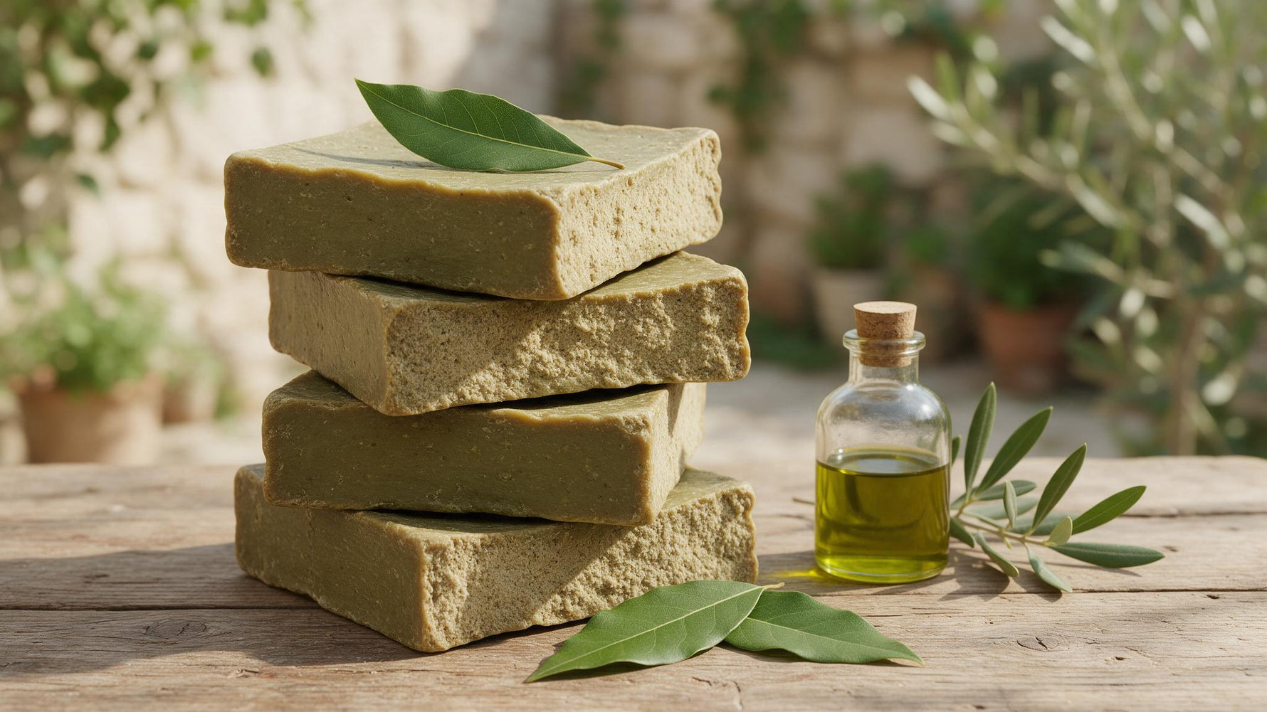 Traditional handmade Aleppo soap bars with fresh laurel bay leaves, a bottle of golden laurel oil and an olive branch