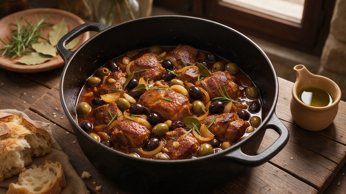 Italian braised pork with black and green olives in a cast-iron pot with olive oil and rosemary