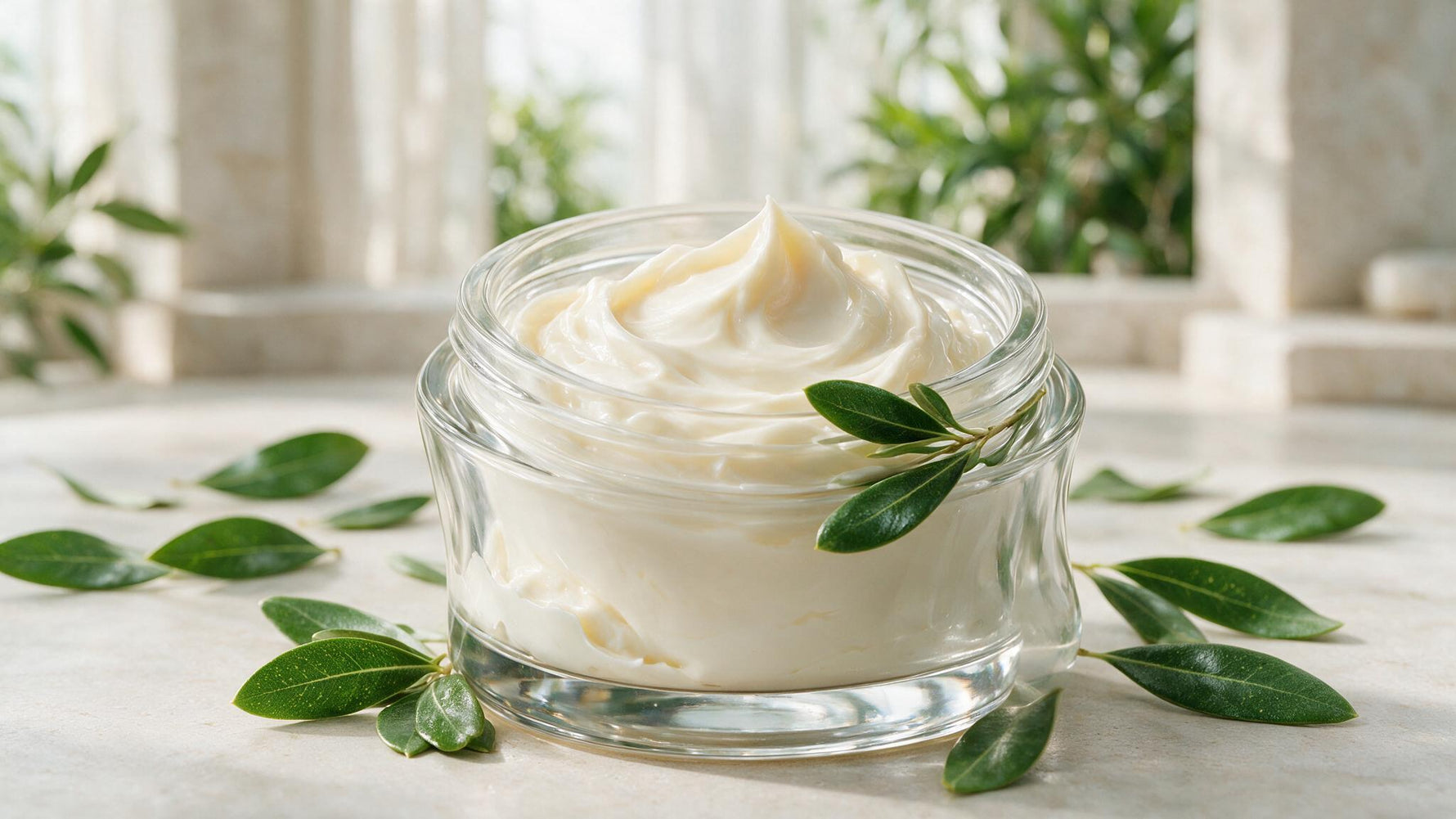 Open jar of natural olive-leaf face cream surrounded by fresh olive leaves in a bright spa setting