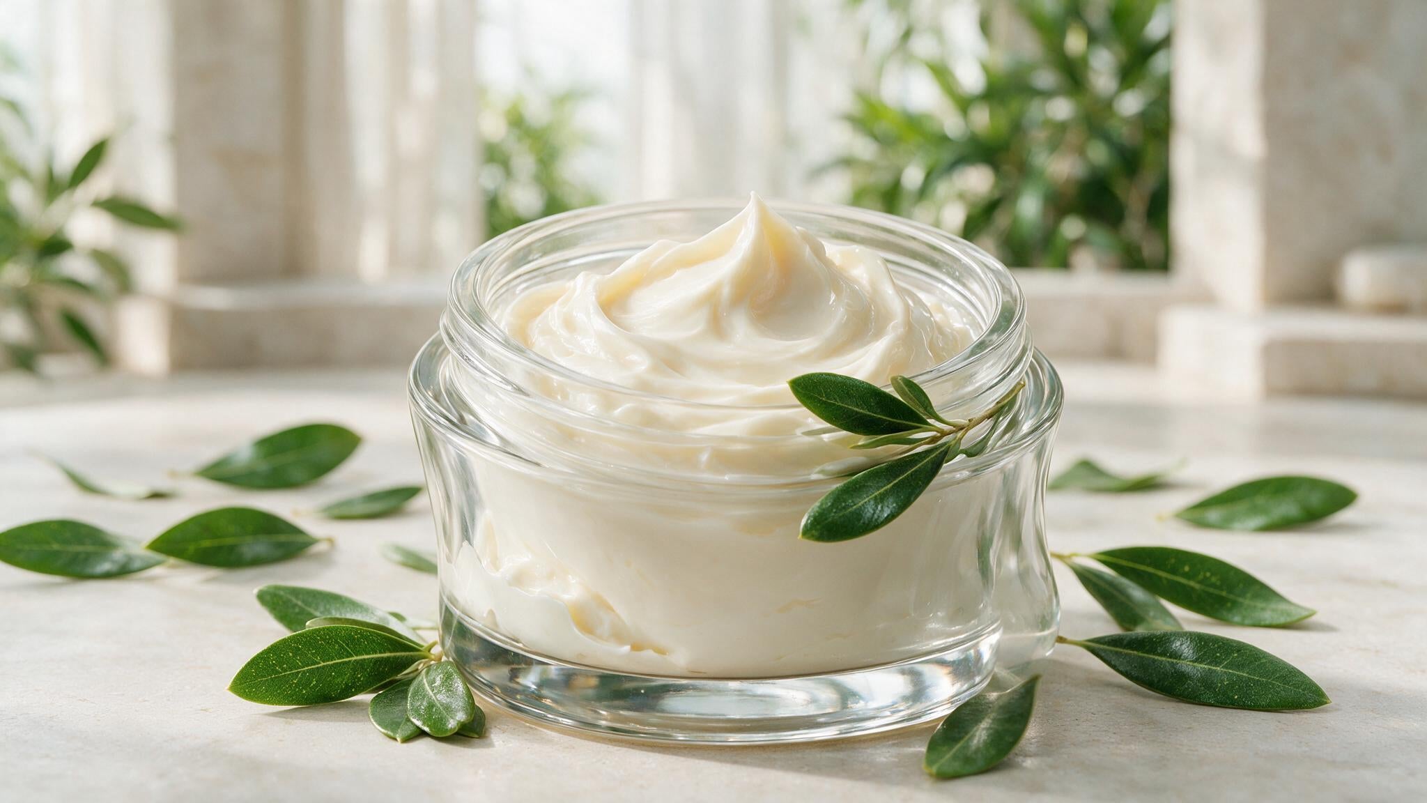 Open jar of natural olive-leaf face cream surrounded by fresh olive leaves in a bright spa setting