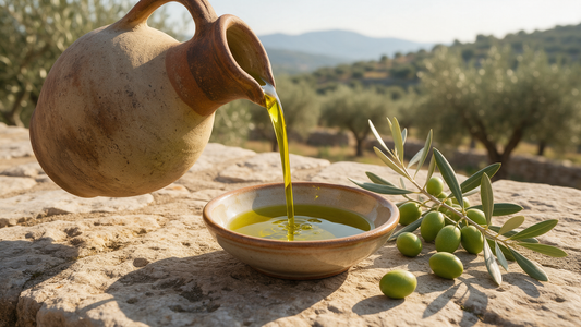 Golden-green Greek extra virgin olive oil being poured from a carafe into a tasting bowl beside fresh olives and an olive branch in a Peloponnese grove