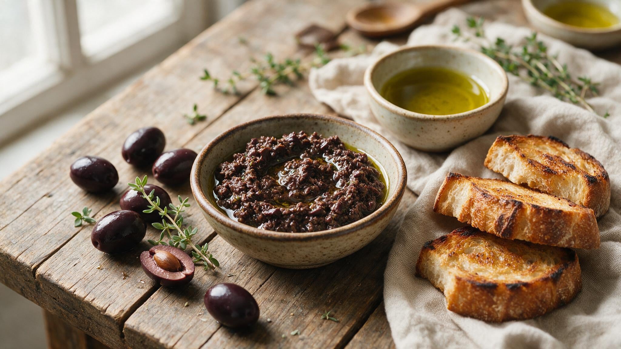 A rustic bowl of black olive tapenade with olive oil, Kalamata olives and toasted bread