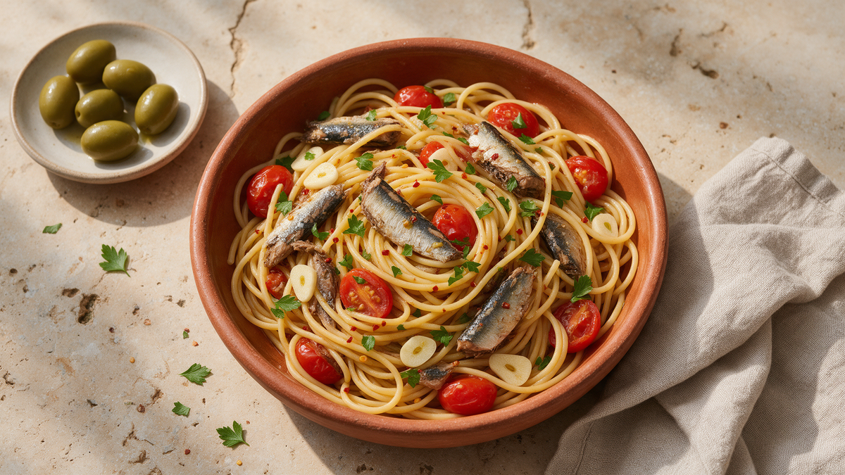 Bowl of spaghetti with sardines, cherry tomatoes, garlic and parsley, finished with extra virgin olive oil