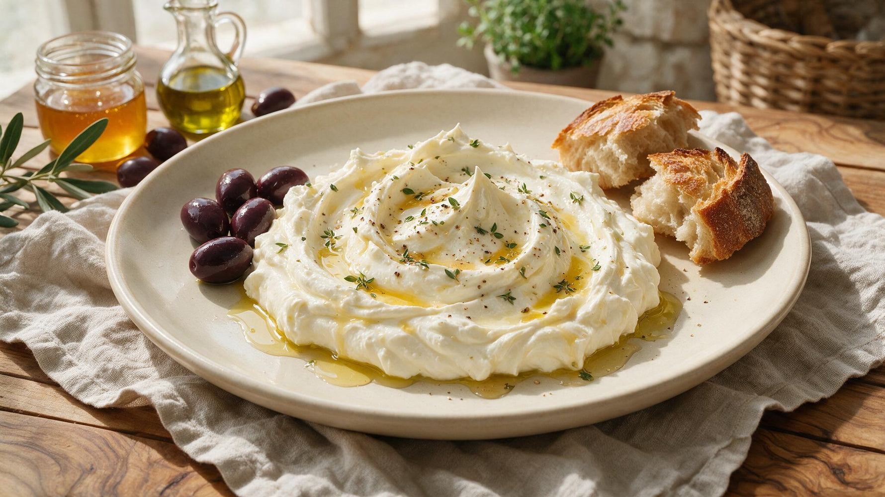 A bowl of whipped feta drizzled with thyme honey and olive oil, scattered with black olives and herbs