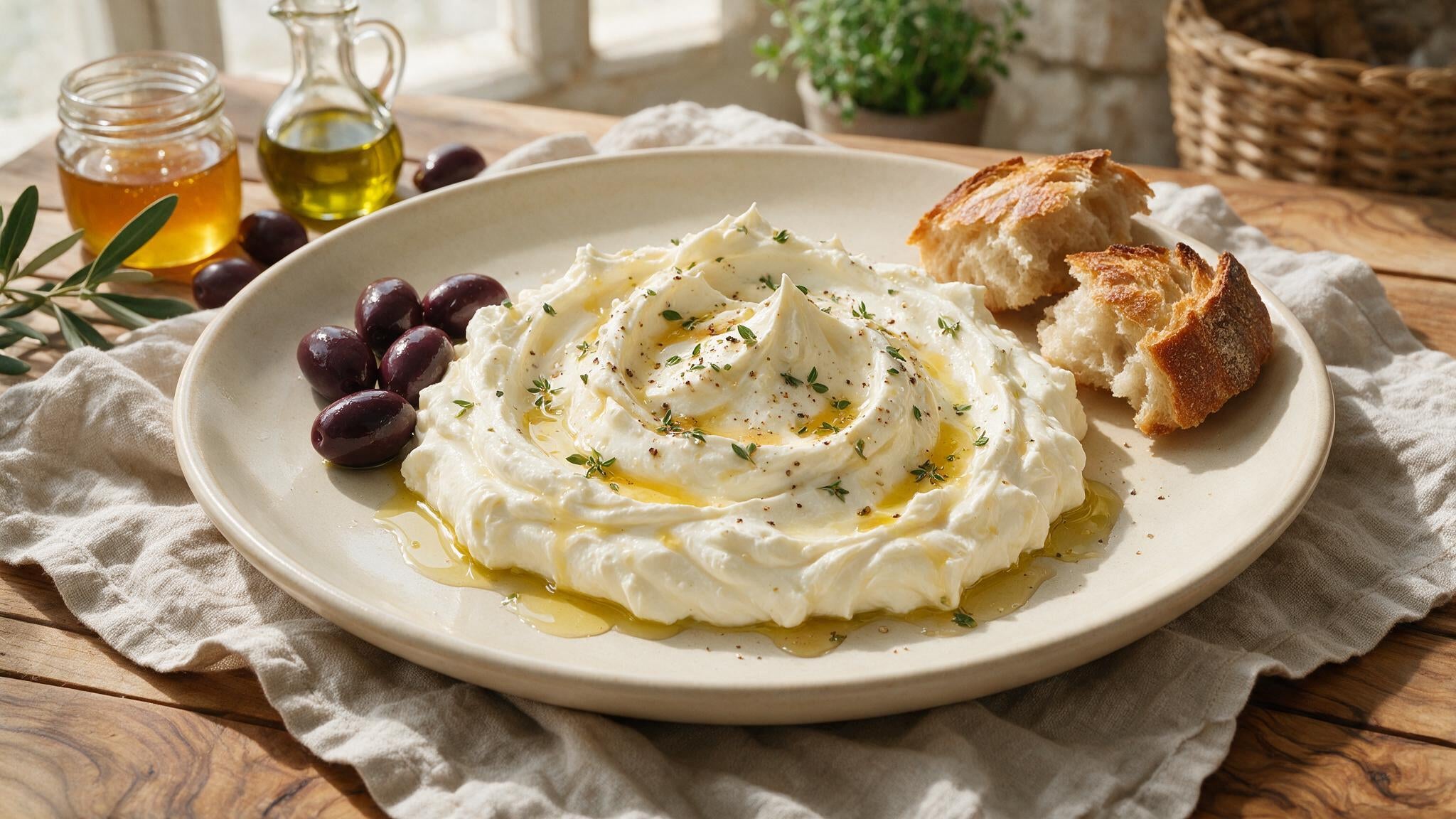 A bowl of whipped feta drizzled with thyme honey and olive oil, scattered with black olives and herbs