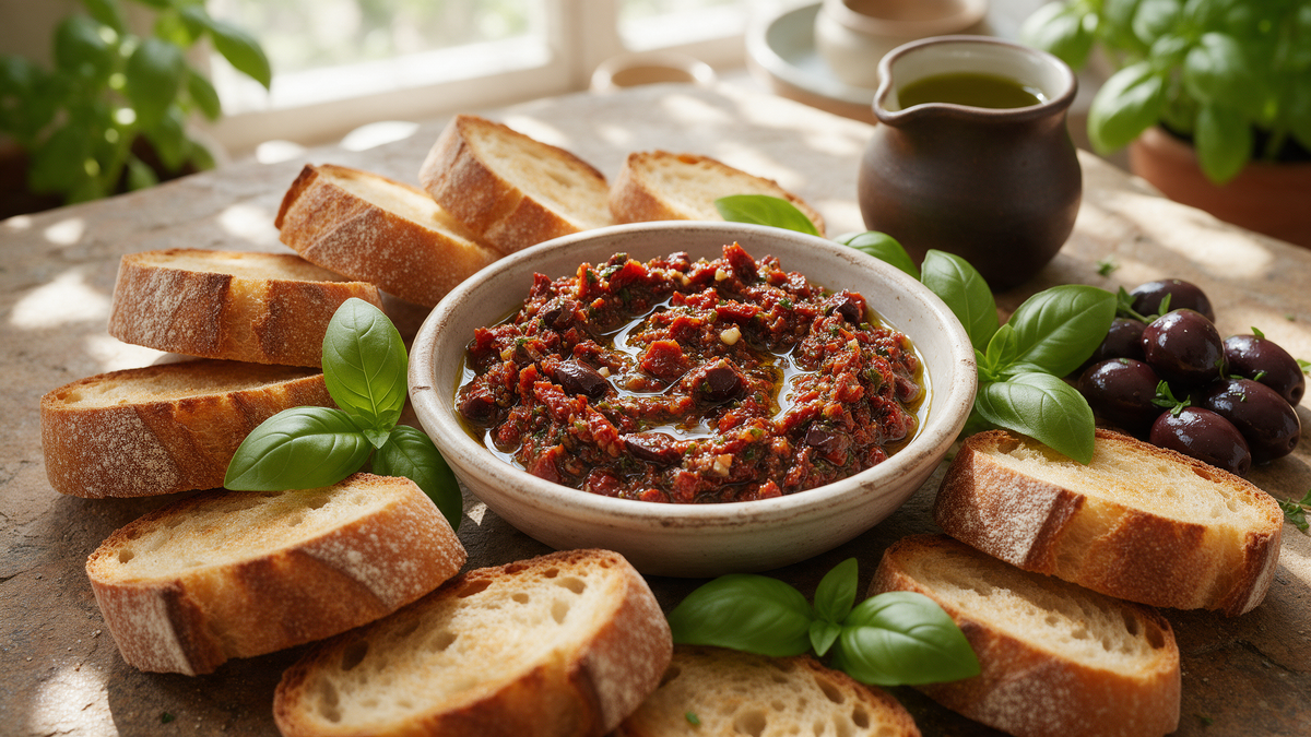 Sun-dried tomato and olive tapenade in a ceramic bowl with olive oil, basil and rustic bread