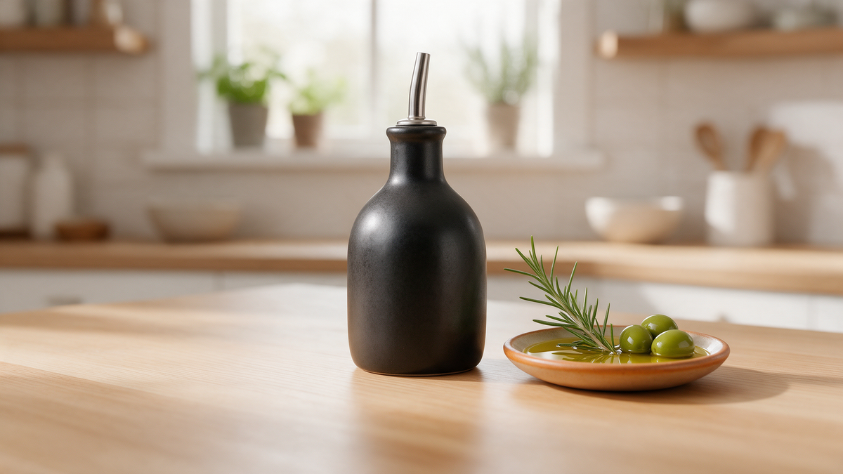 Matte black stoneware olive oil bottle with steel drip-free pourer on a kitchen counter