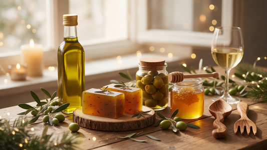 Mediterranean olive oil gift set with olive oil, soap, olives, honey and olive wood utensils with festive styling