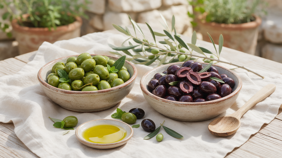 Bowls of green Chalkidiki olives and black Kalamata olives with an olive branch and olive oil