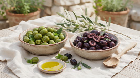 Bowls of green Chalkidiki olives and black Kalamata olives with an olive branch and olive oil