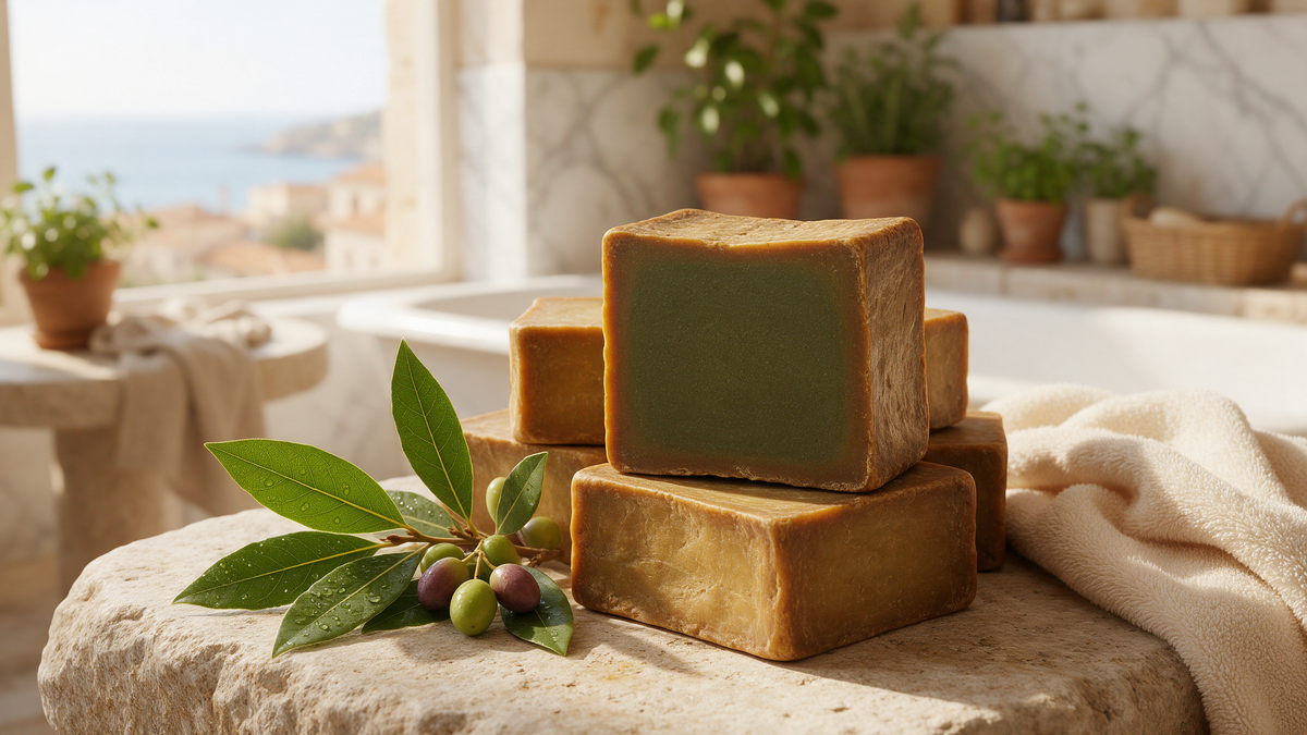 Handmade Aleppo soap bars with a cut bar showing the green centre, beside a laurel branch