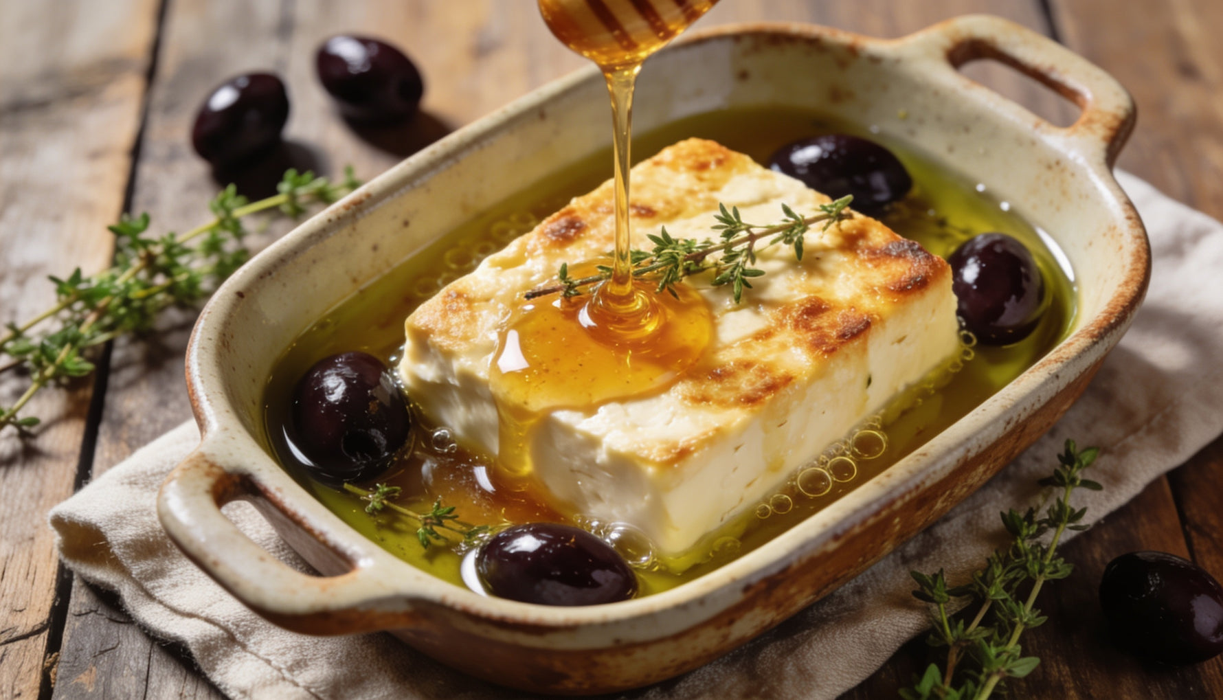 Baked feta cheese drizzled with thyme honey and surrounded by Kalamata olives
