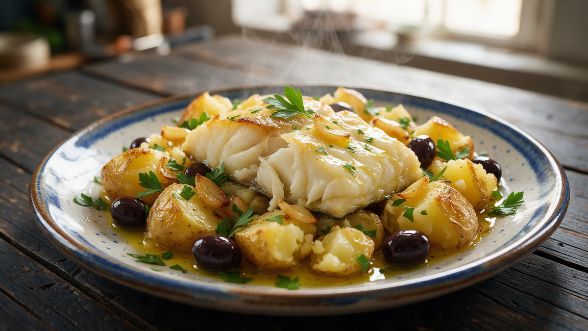 Portuguese bacalhau à lagareiro: roasted cod with smashed potatoes, garlic and black olives drenched in extra virgin olive oil