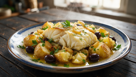 Portuguese bacalhau à lagareiro: roasted cod with smashed potatoes, garlic and black olives drenched in extra virgin olive oil