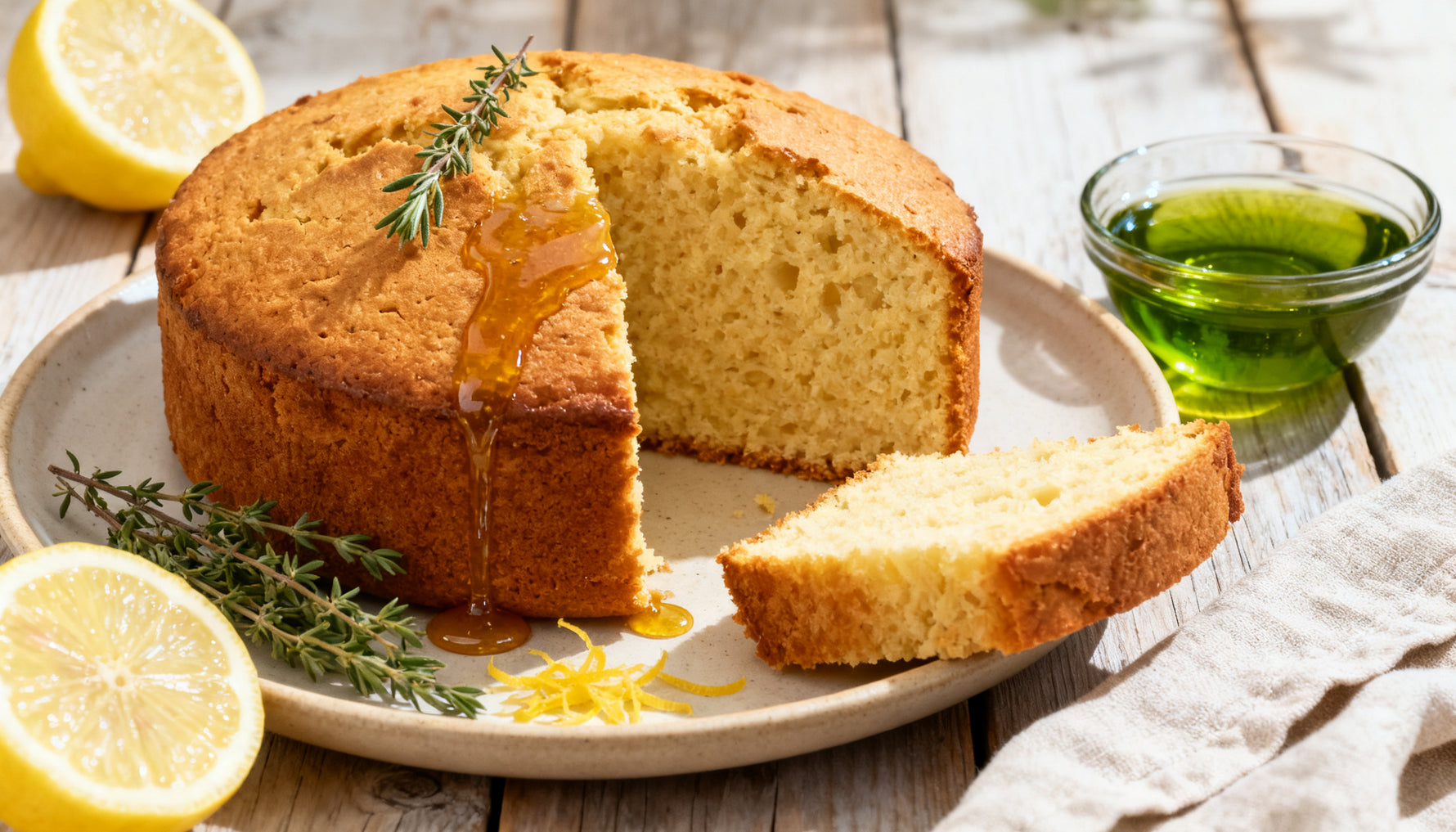 Greek lemon olive oil cake with a thyme honey drizzle, lemon slices and a bowl of extra virgin olive oil