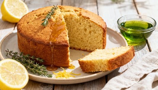 Greek lemon olive oil cake with a thyme honey drizzle, lemon slices and a bowl of extra virgin olive oil