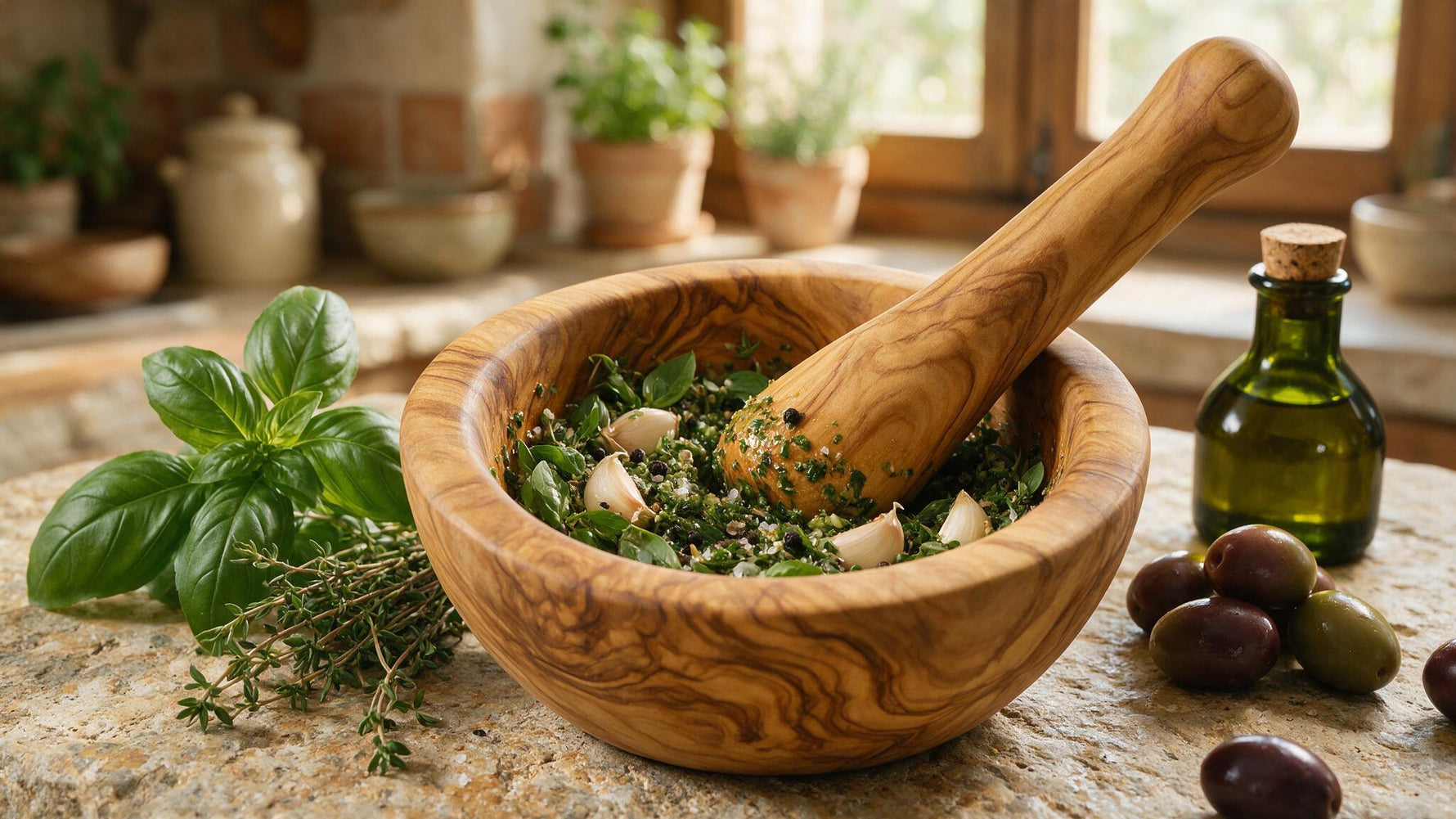 Handmade olive wood mortar and pestle with fresh herbs, garlic and peppercorns being ground on a rustic kitchen surface