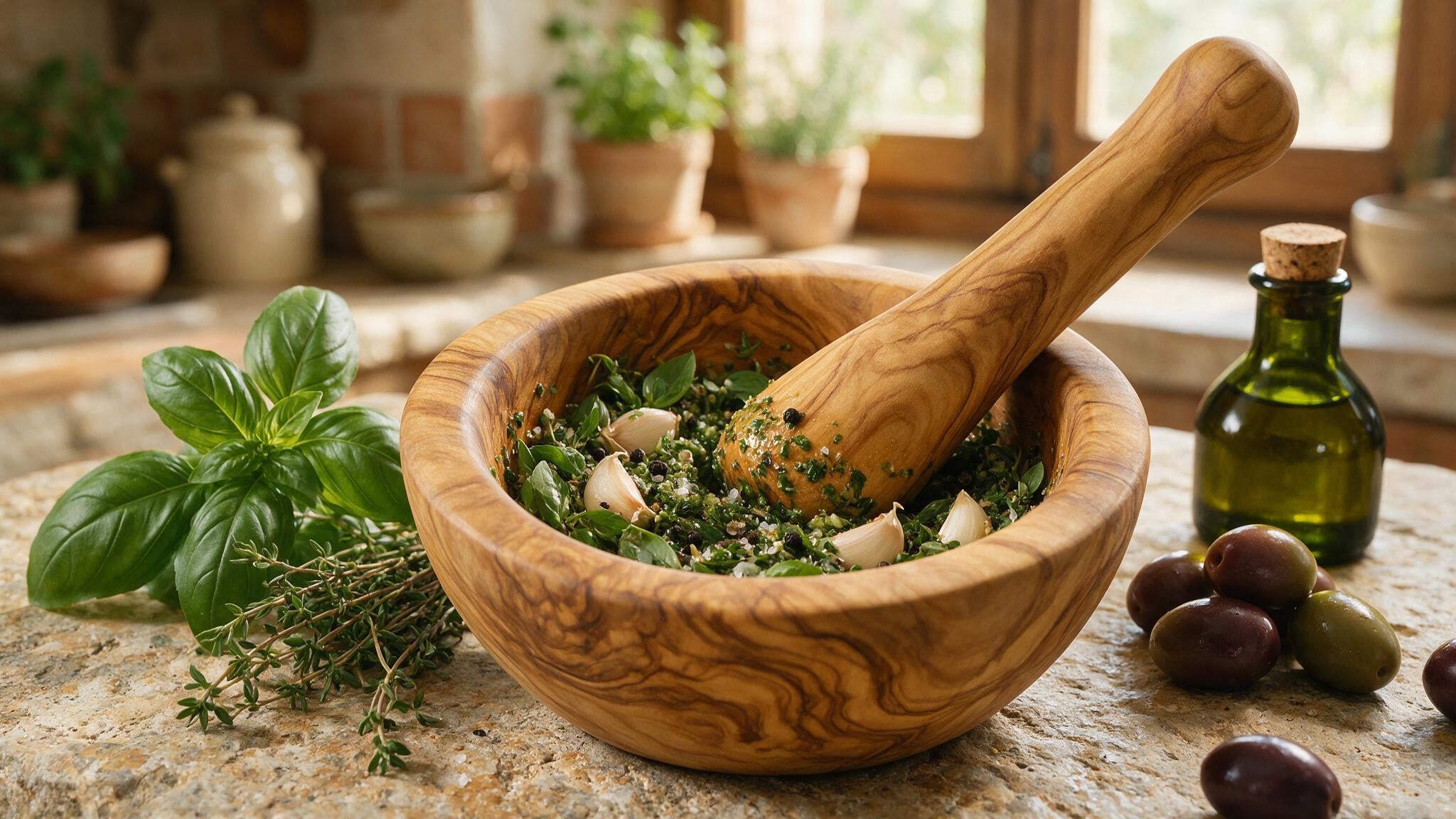 Handmade olive wood mortar and pestle with fresh herbs, garlic and peppercorns being ground on a rustic kitchen surface