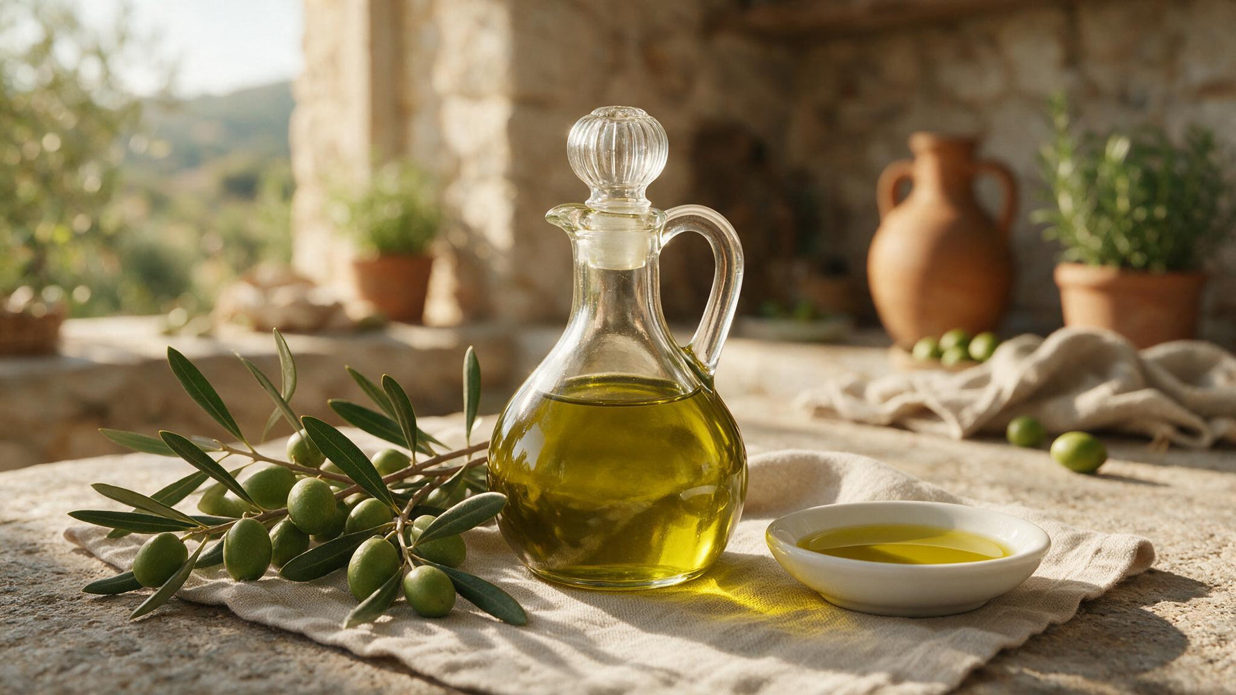 Cruet of naturally cloudy golden-green extra virgin olive oil with olive branch in a sunlit kitchen