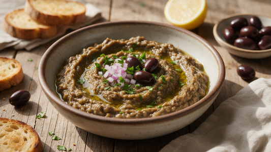 Bowl of smoky Greek melitzanosalata aubergine dip drizzled with olive oil and garnished with Kalamata olives and parsley