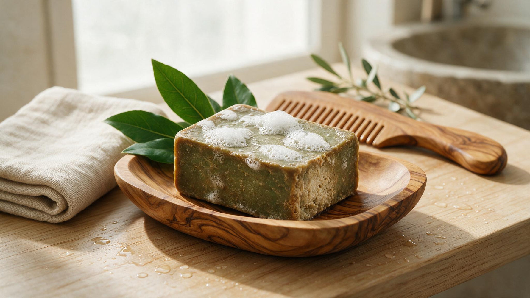Traditional green-and-brown Aleppo laurel soap bar with natural lather on an olive-wood dish beside a wooden comb and linen towel