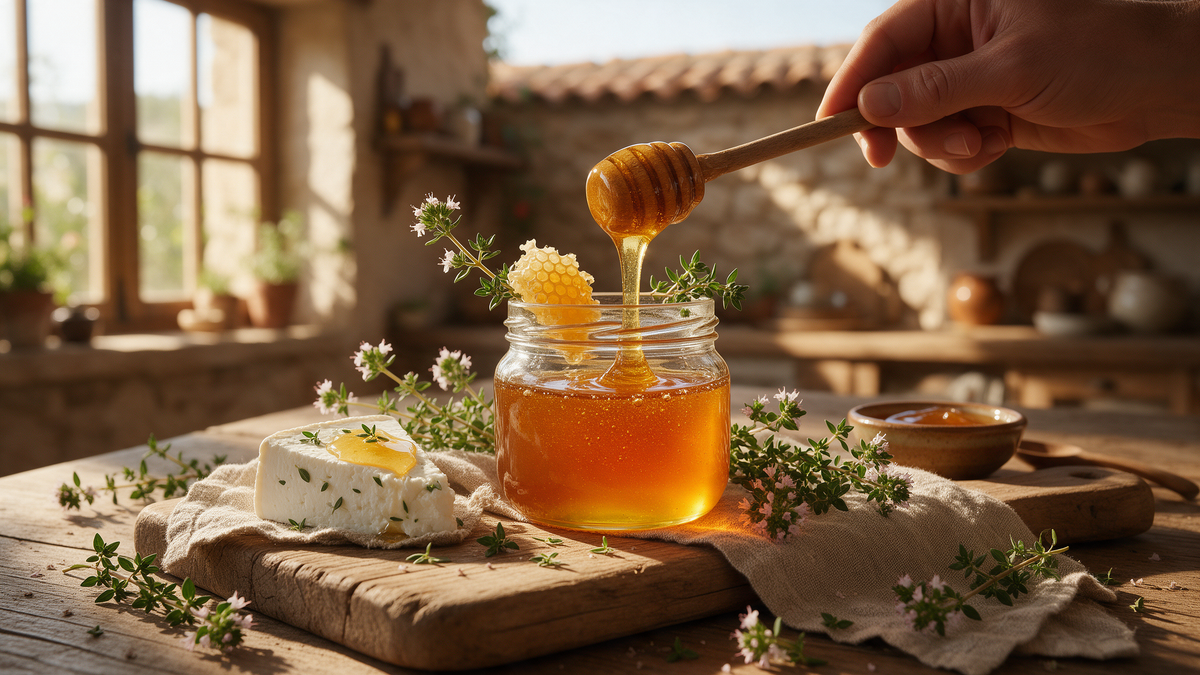 Golden Greek thyme honey drizzled from a wooden honey dipper into a glass jar, with fresh thyme, honeycomb and goat cheese