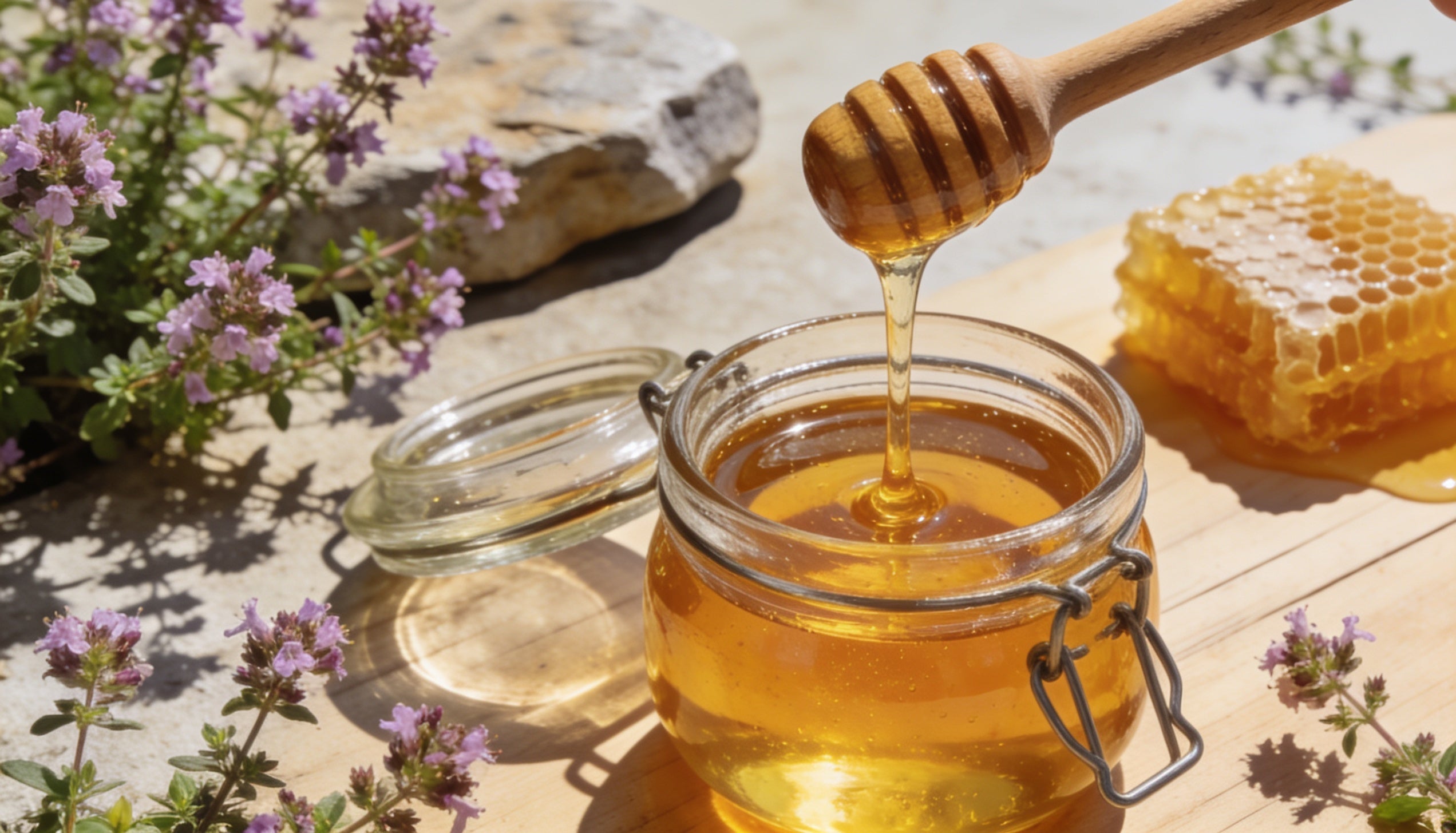 Golden Greek thyme honey drizzling from a wooden honey dipper with fresh thyme