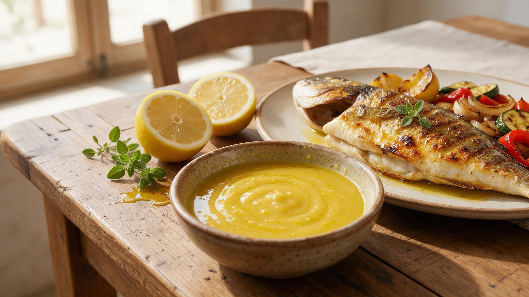 A bowl of golden Greek ladolemono olive oil and lemon sauce beside grilled fish and vegetables