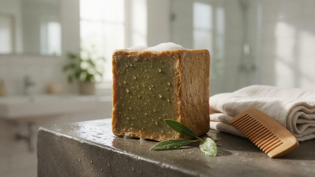 A natural Aleppo soap bar with olive-green core and golden crust on a wet stone ledge with a towel and comb