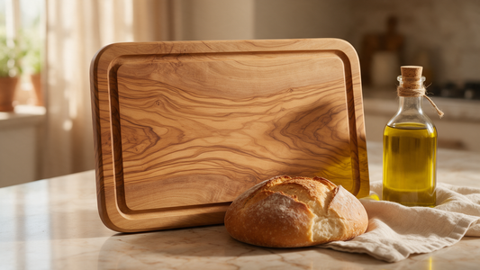 A handmade olive wood cutting and serving board with natural grain and a juice groove on a Mediterranean kitchen counter, with olive oil and rustic bread beside it