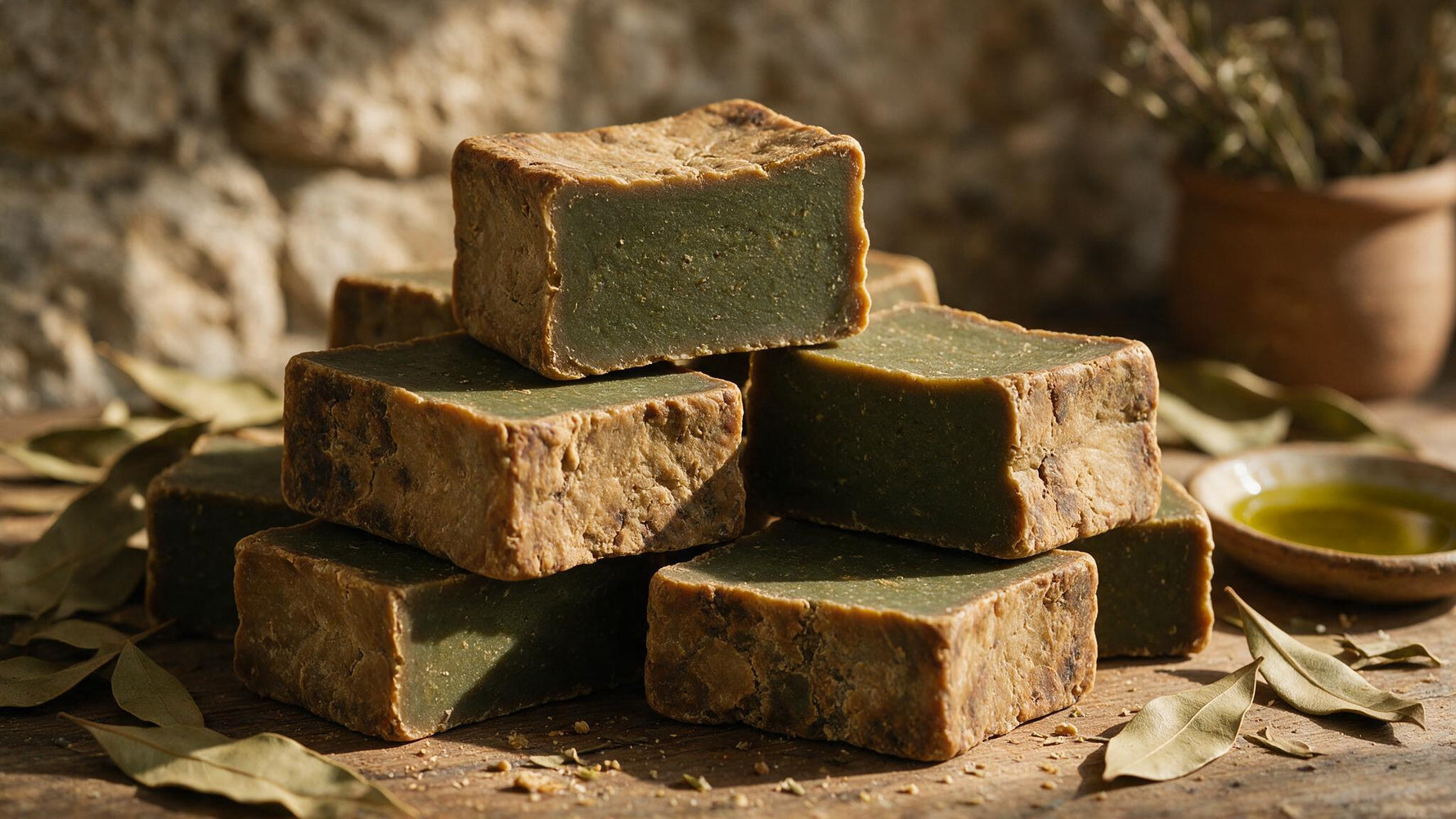 Stacked hand-cut traditional Aleppo soap bars with olive-green interior and aged crust, with dried laurel leaves