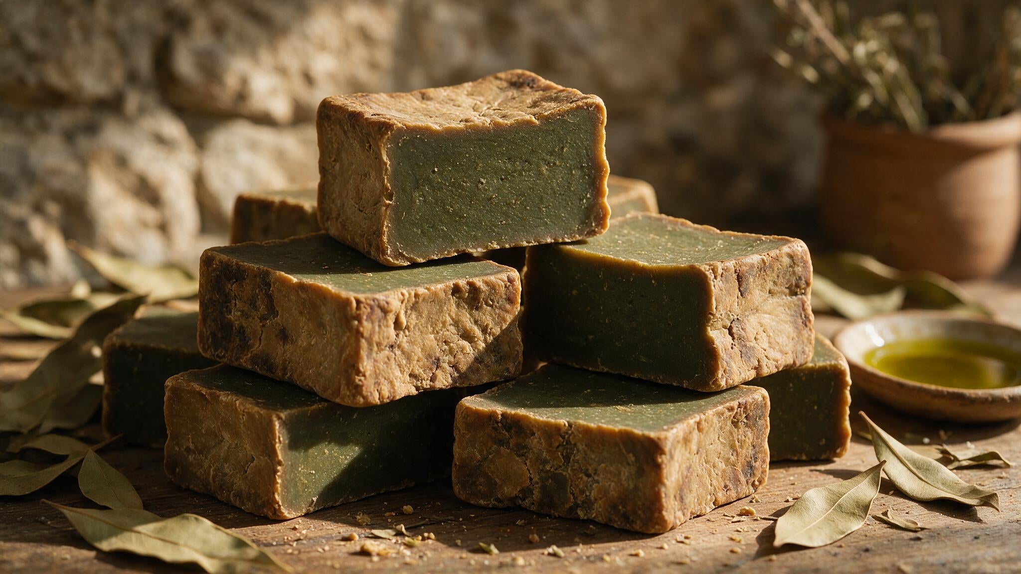 Stacked hand-cut traditional Aleppo soap bars with olive-green interior and aged crust, with dried laurel leaves