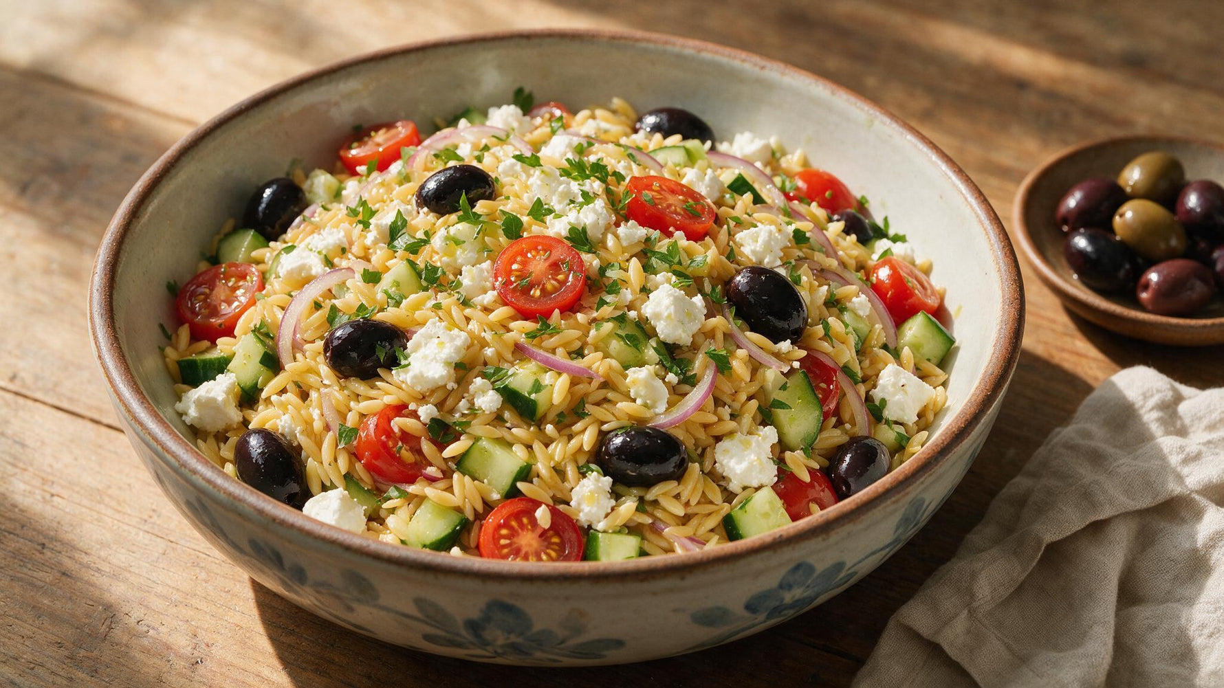 Bowl of Mediterranean orzo salad with black Kalamata olives, feta, cherry tomatoes and olive oil on a rustic table