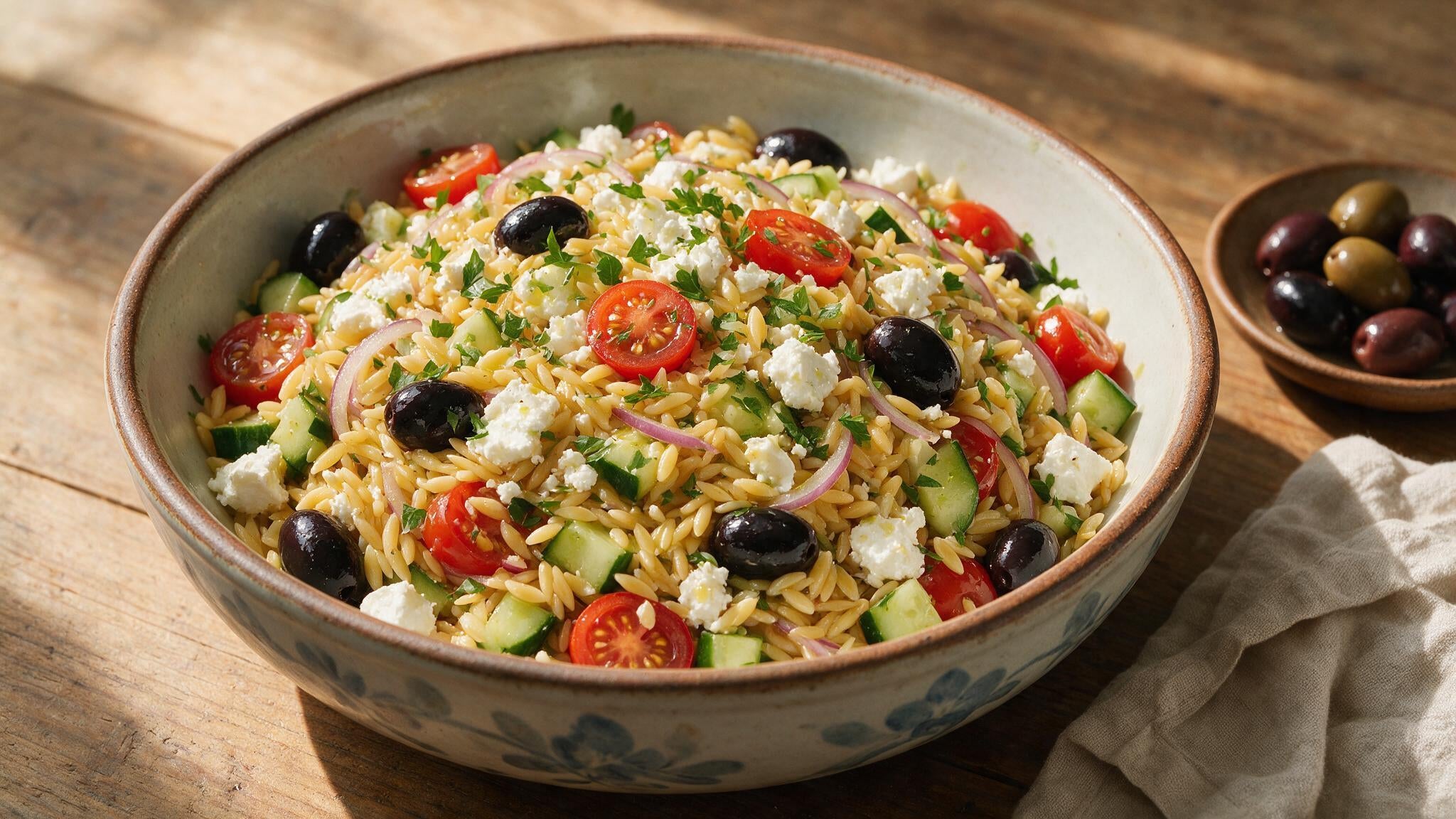 Bowl of Mediterranean orzo salad with black Kalamata olives, feta, cherry tomatoes and olive oil on a rustic table