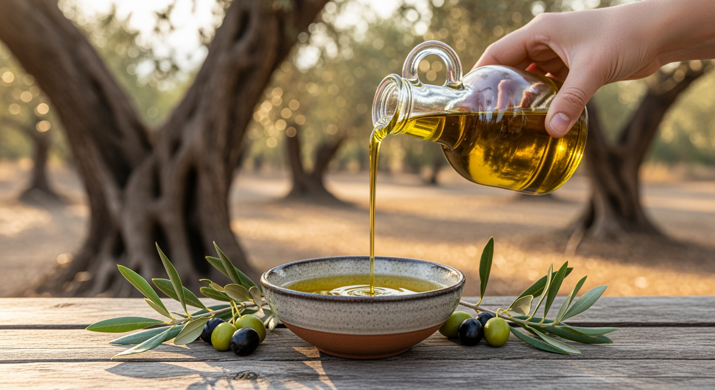 Extra virgin olive oil poured into a bowl on a wooden table in a sunlit Peloponnese olive grove
