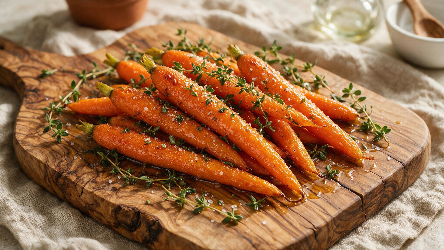 Oven-roasted carrots glazed with thyme honey and olive oil, scattered with fresh thyme on an olive-wood board