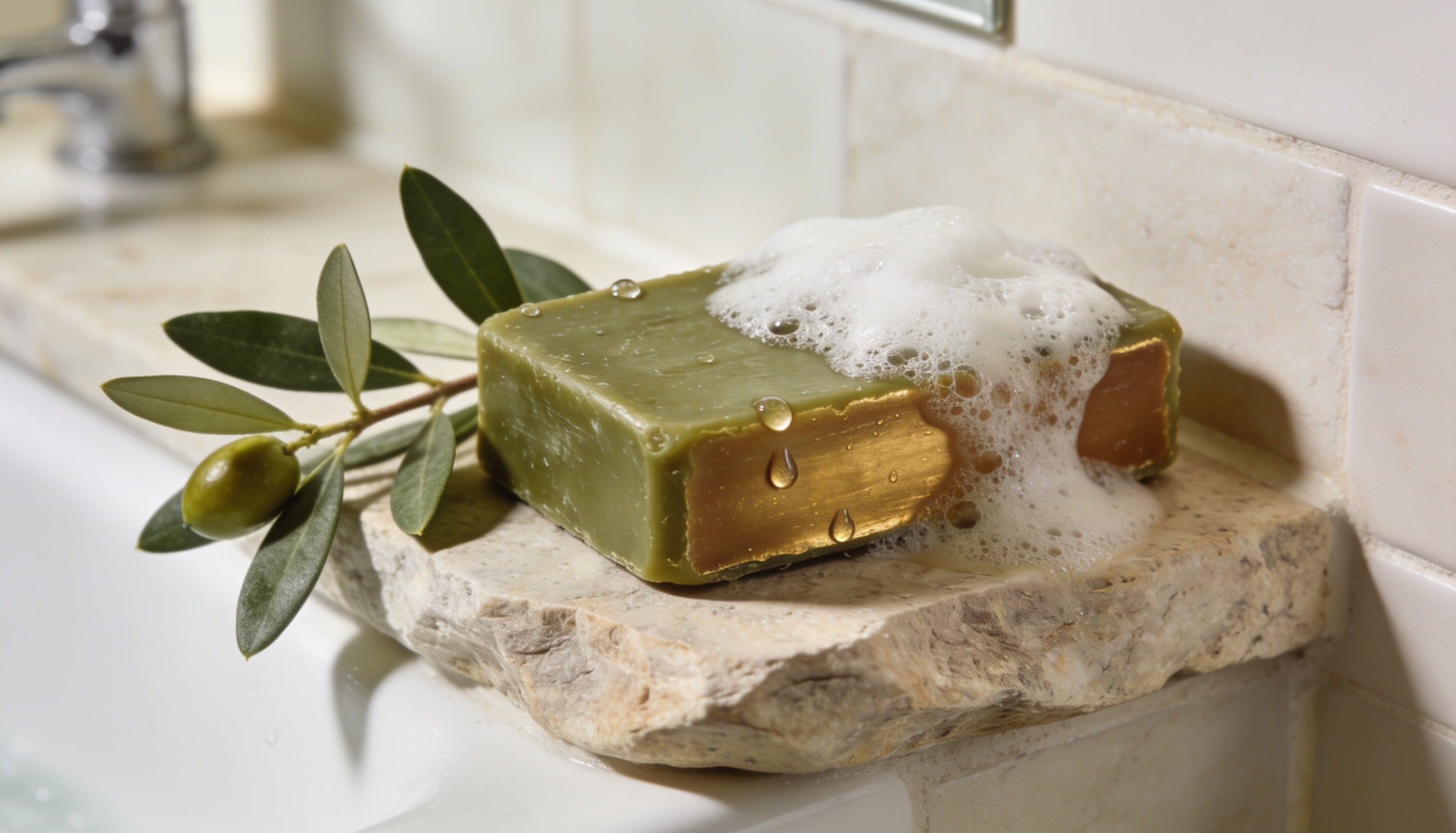 A handmade Aleppo soap bar with lather and laurel leaves on a stone ledge in a bright bathroom
