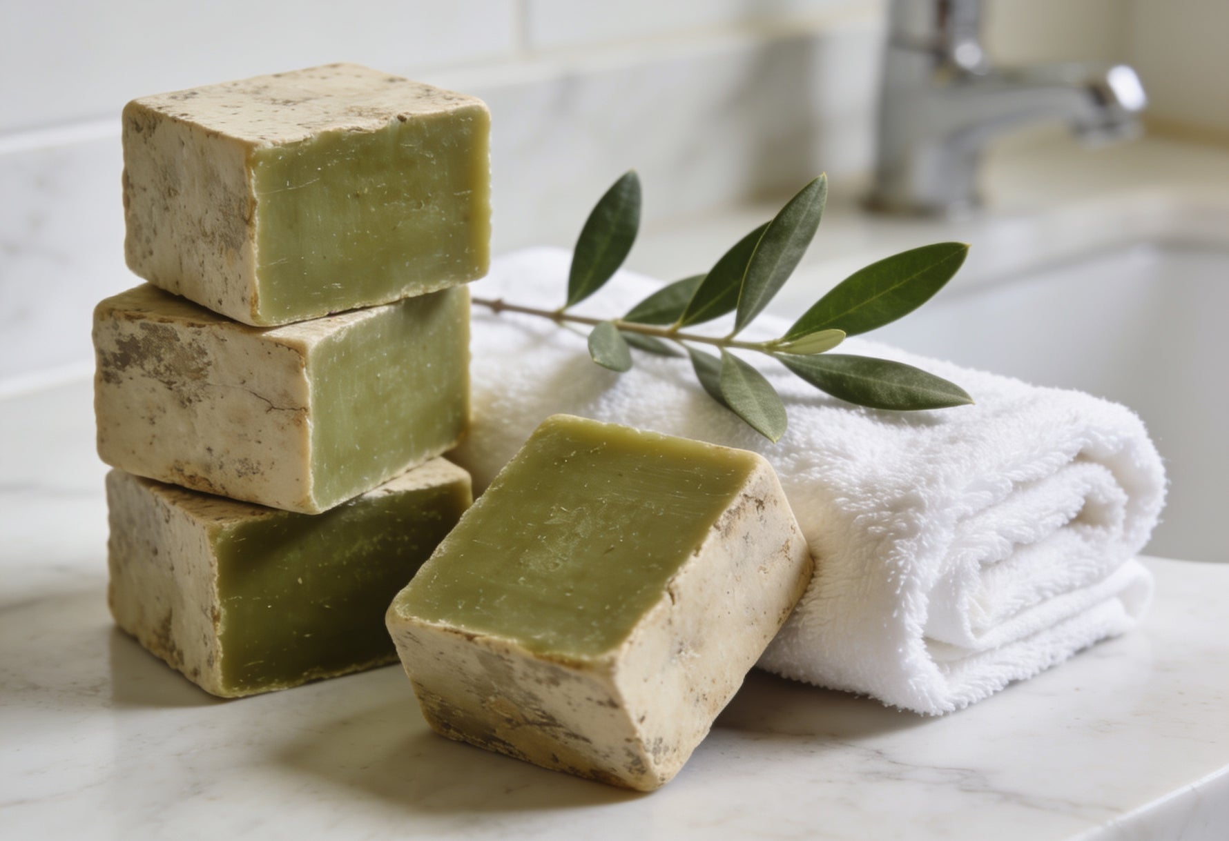Hand-cut Aleppo soap bars with green interior and beige crust on a marble surface with laurel leaves
