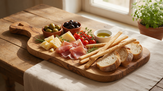 Olive wood serving board with handle styled as a Mediterranean antipasti platter with olives, cheese and bread