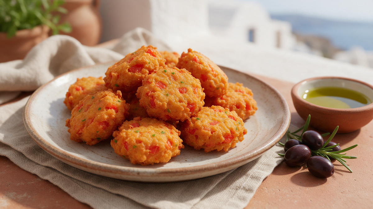 Golden crispy Greek domatokeftedes tomato fritters on a rustic plate with olive oil and olives