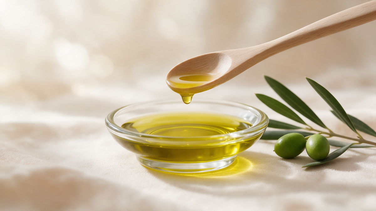Golden extra virgin olive oil in a glass dish with a fresh olive branch, styled as natural skincare