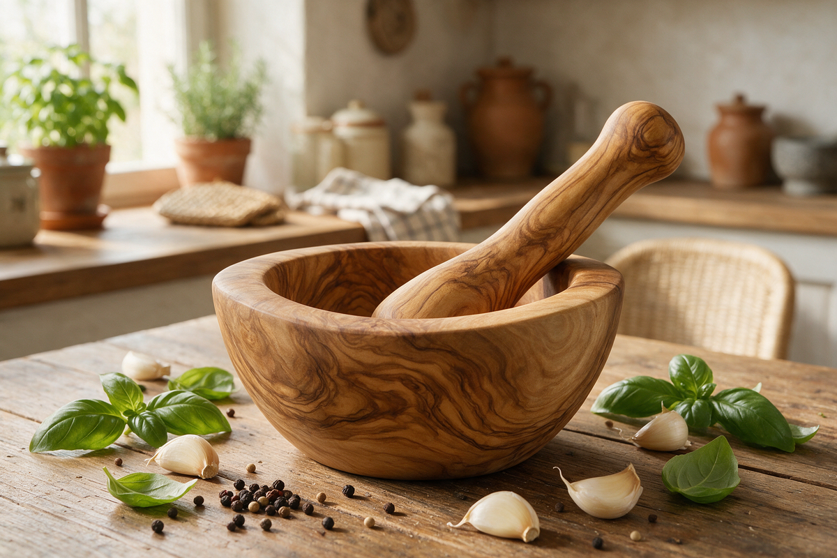 Handmade olive wood mortar and pestle on a kitchen counter with fresh herbs and garlic