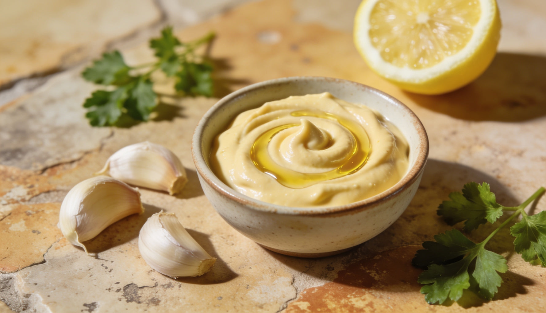 A small bowl of creamy vegan olive oil aioli drizzled with olive oil, with garlic and lemon