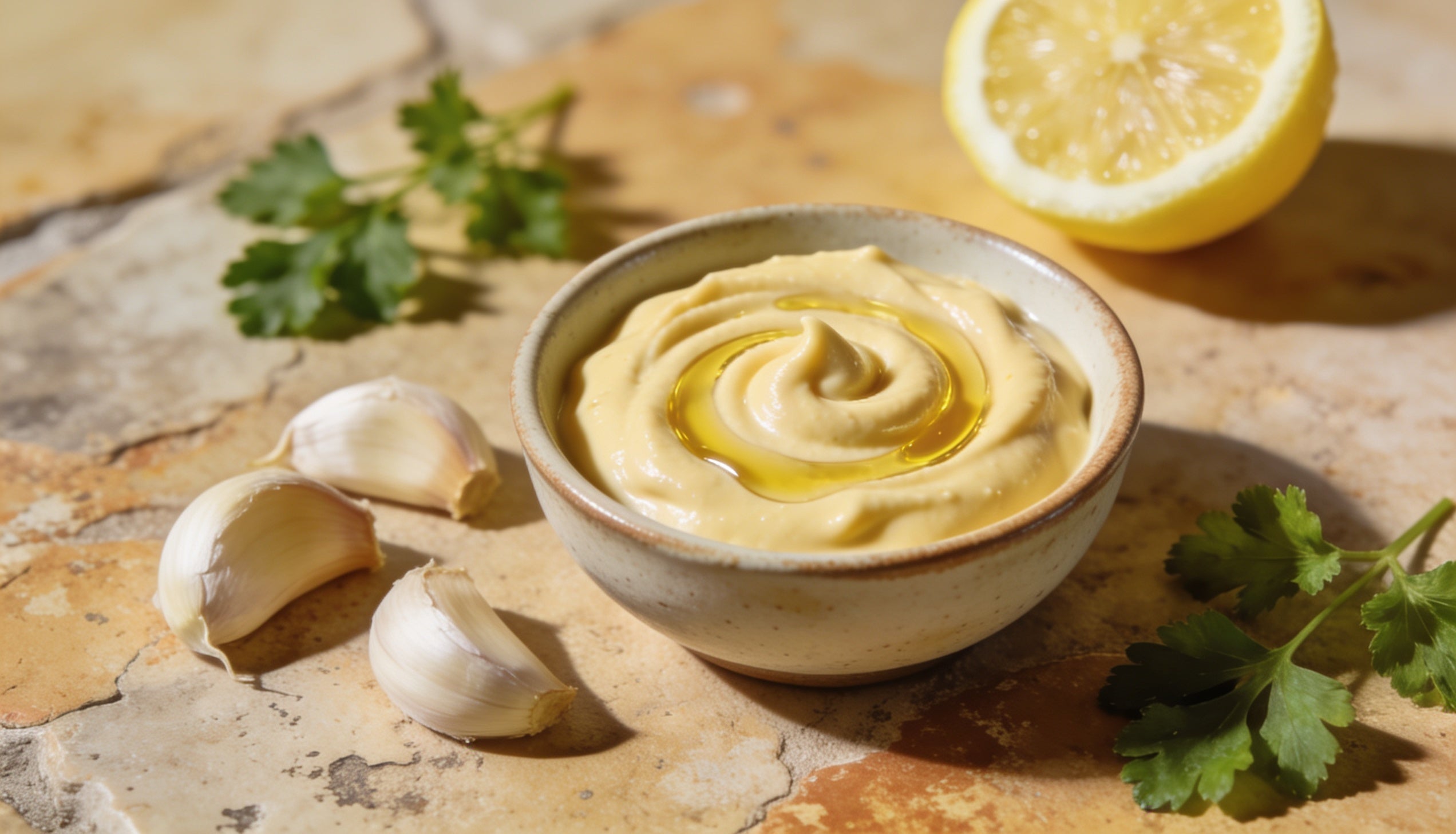 A small bowl of creamy vegan olive oil aioli drizzled with olive oil, with garlic and lemon