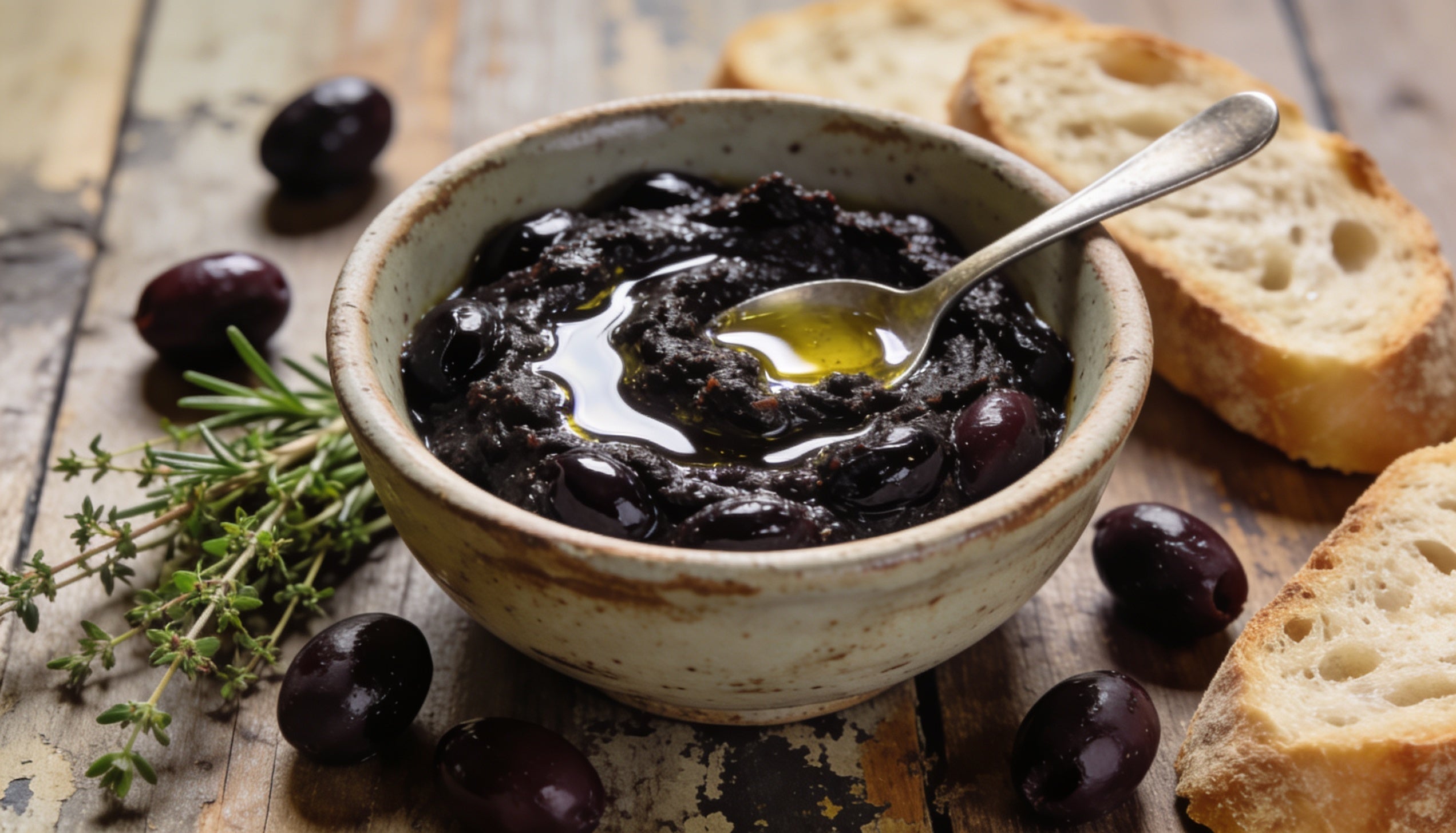 Homemade black olive tapenade in a ceramic bowl with bread and olives