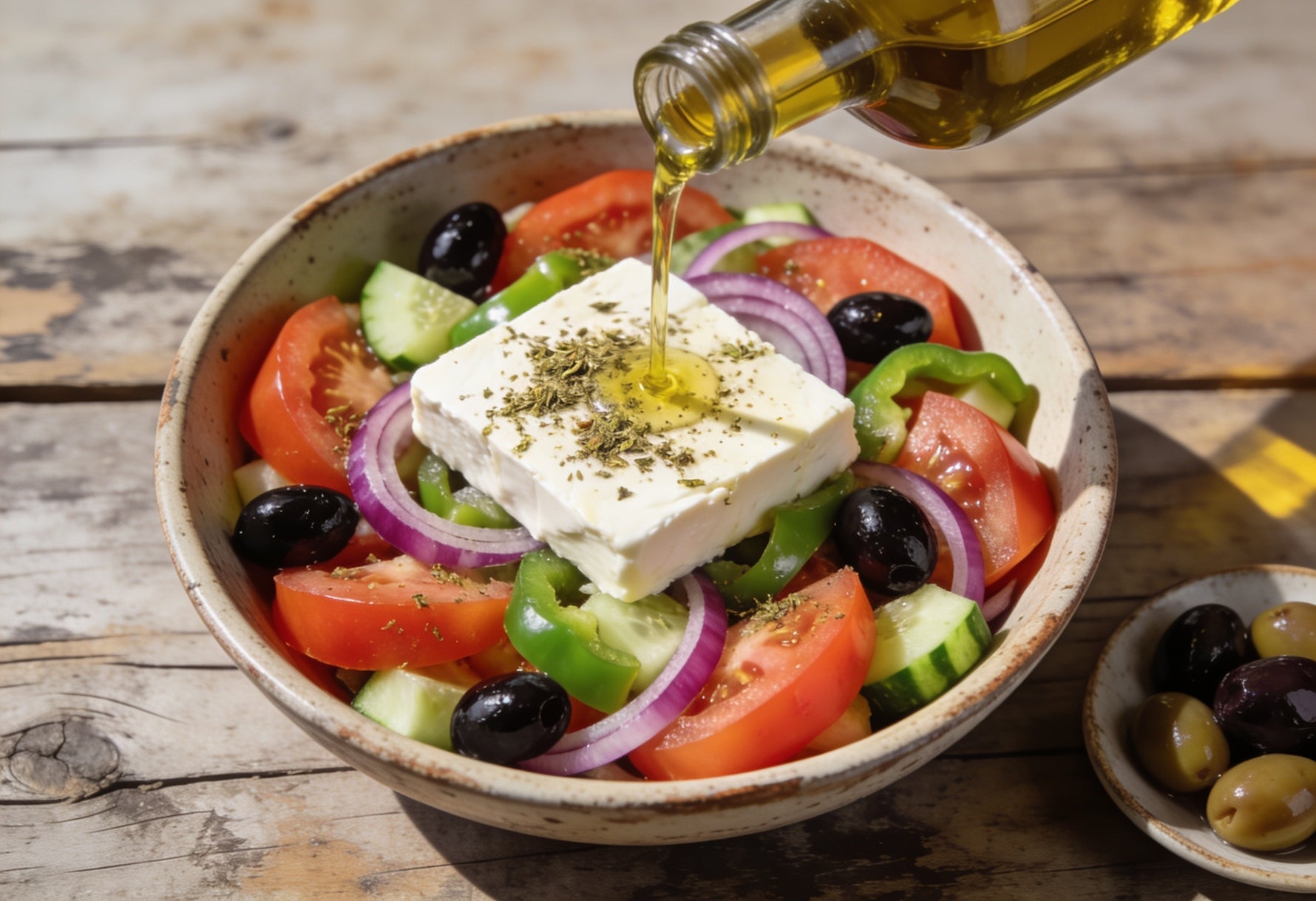 Greek village salad with tomatoes, cucumber, red onion, Kalamata olives and feta, drizzled with olive oil
