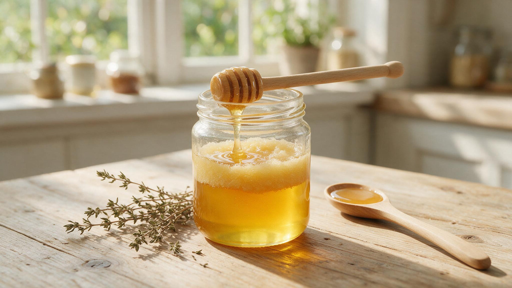 A jar of thyme honey half liquid and half naturally crystallised with a wooden honey dipper
