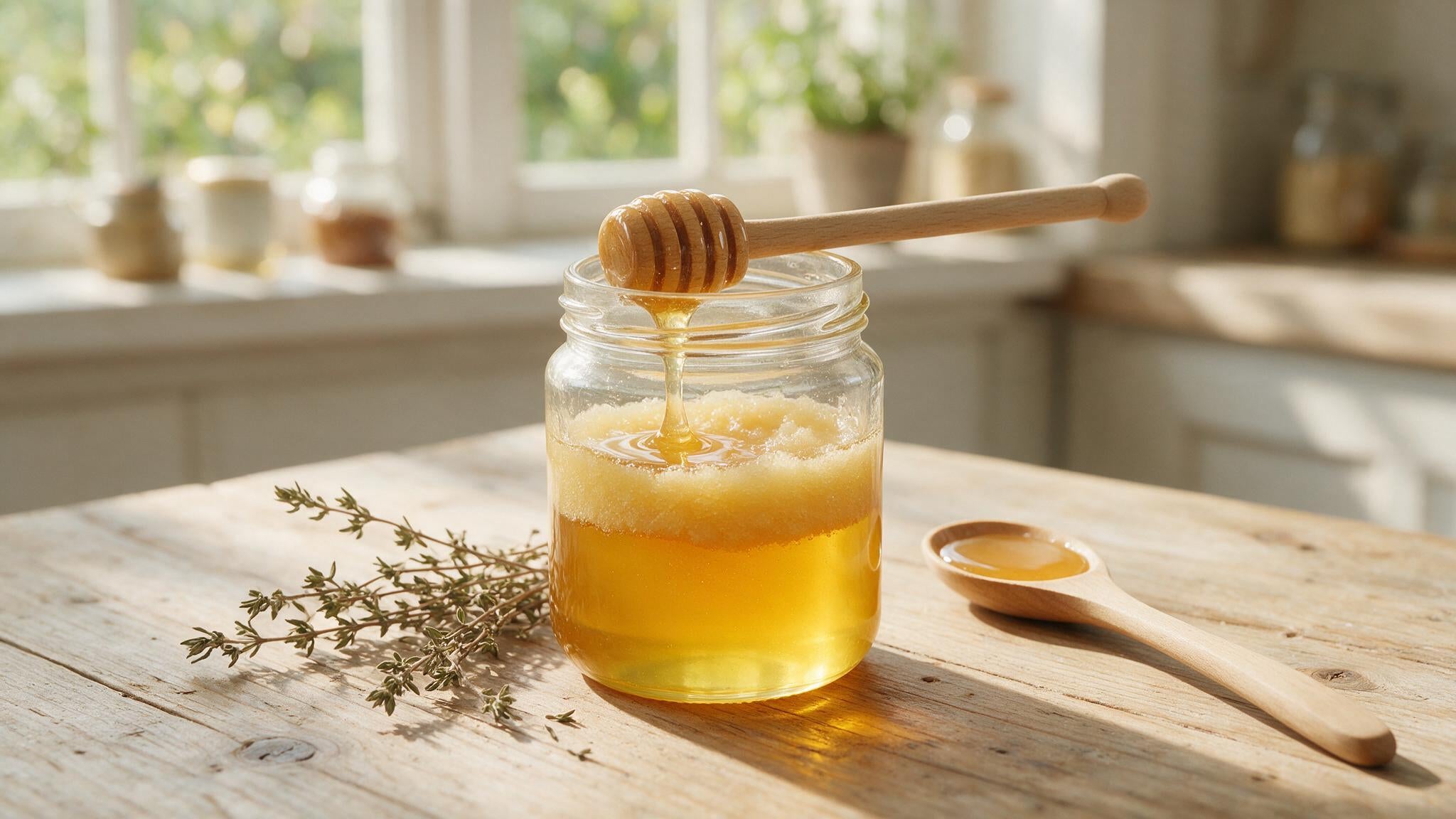 A jar of thyme honey half liquid and half naturally crystallised with a wooden honey dipper