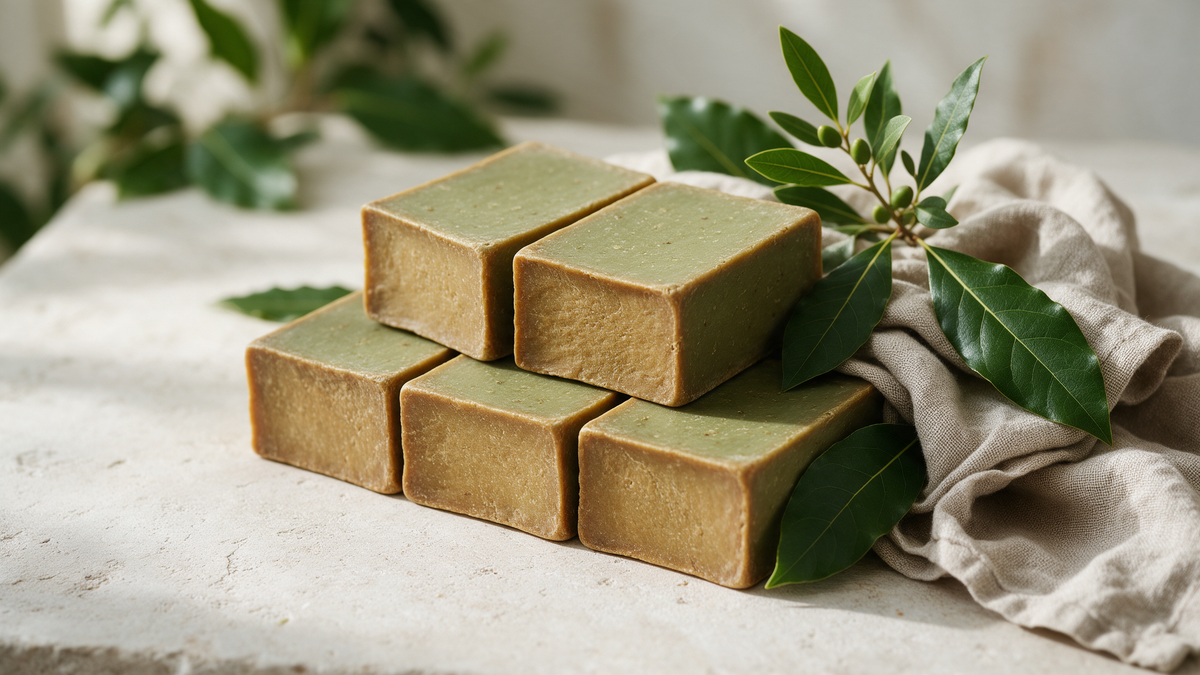 Traditional hand-cut Aleppo soap bars with laurel leaves and an olive branch on natural linen